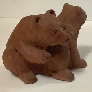 Clay ceramic bear cubs sculpture